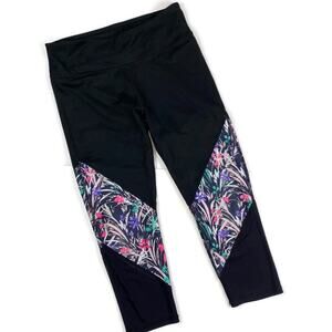 Fabletics Mesh Powerhold Capri Leggings Mid Rise Floral Black UPF 50+ Size Sm